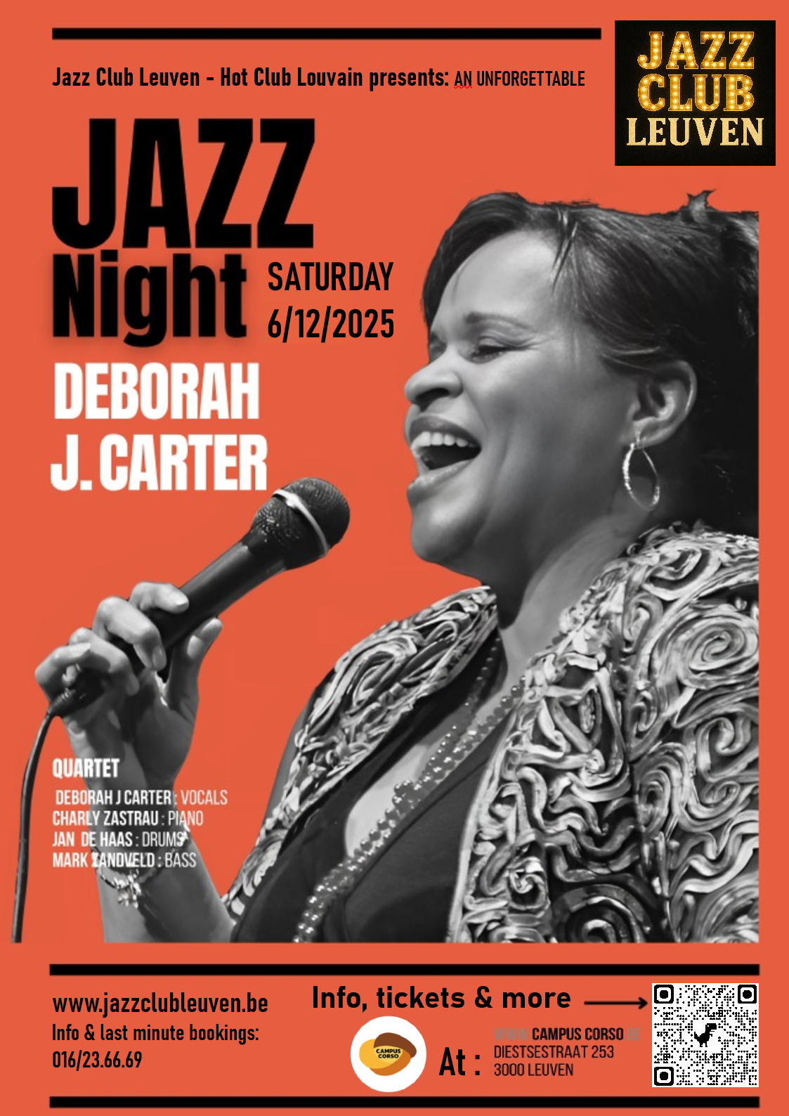 Jazz Club Leuven presents: An unforgettable Jazz night with Deborah J. Carter (USA) Quartet.