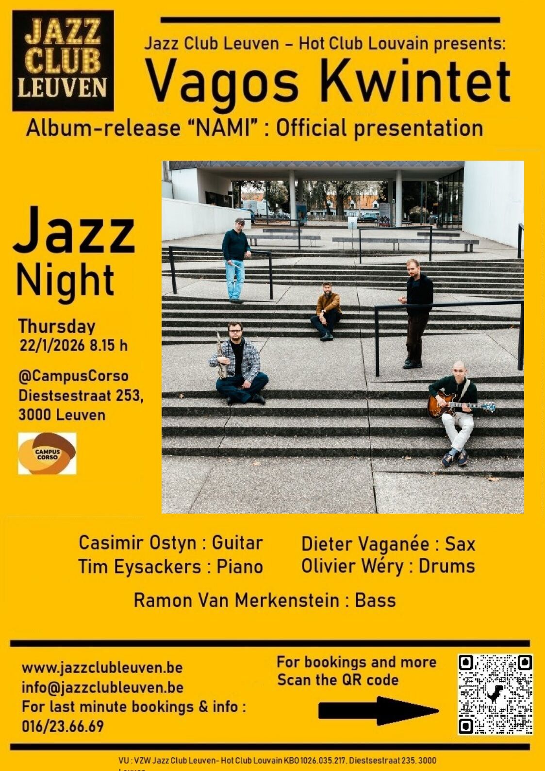 Jazz Club Leuven @ Corso presents live Music : VAGOS KWINTET official album release ‘Nami’