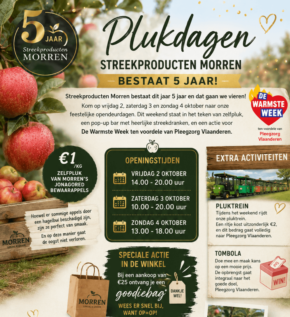 Zelfpluk, streekproducten Morren 5 jaar, pop up bar, actie voor de warmste week